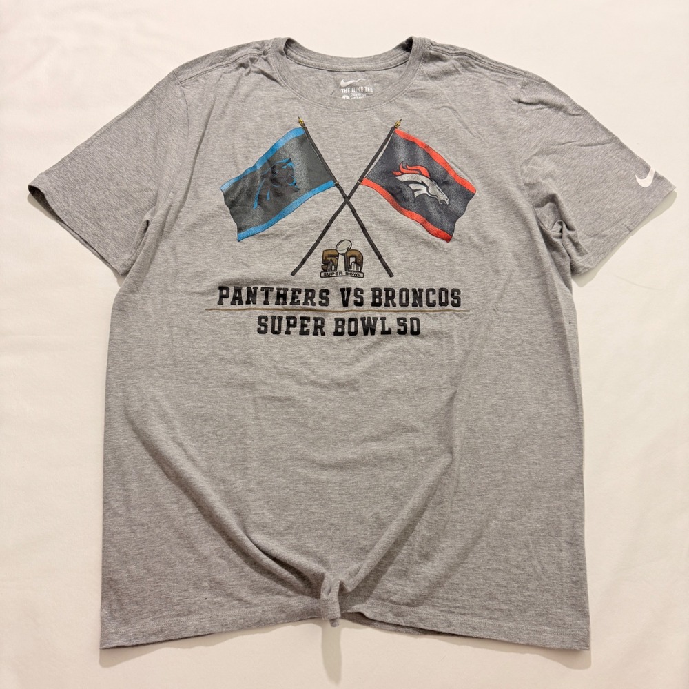 Nike T-Shirt Mens Large Gray Panthers vs Broncos Super Bowl 50 Graphic Tee